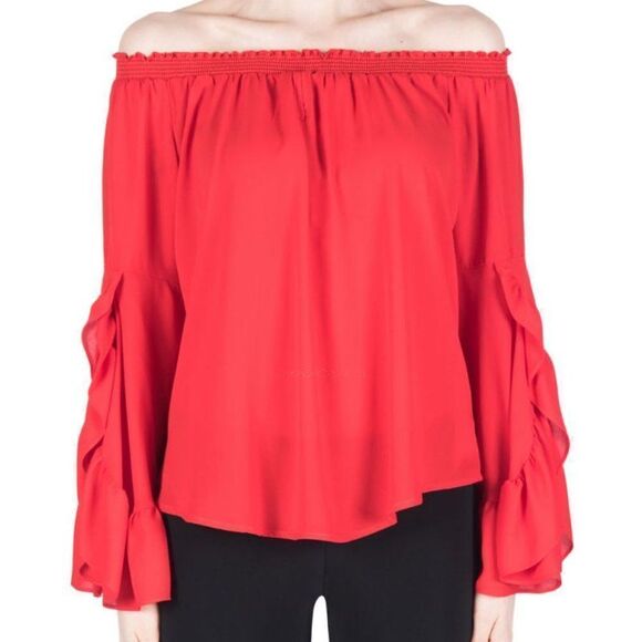 JOSEPH RIBKOFF Off The Shoulder Tulip Sleeve Red Blouse Women's 8 - Picture 1 of 8